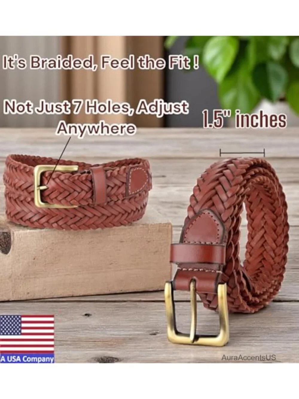 Men's Full-Grain Leather Braided Belt Woven Western Dress Casual